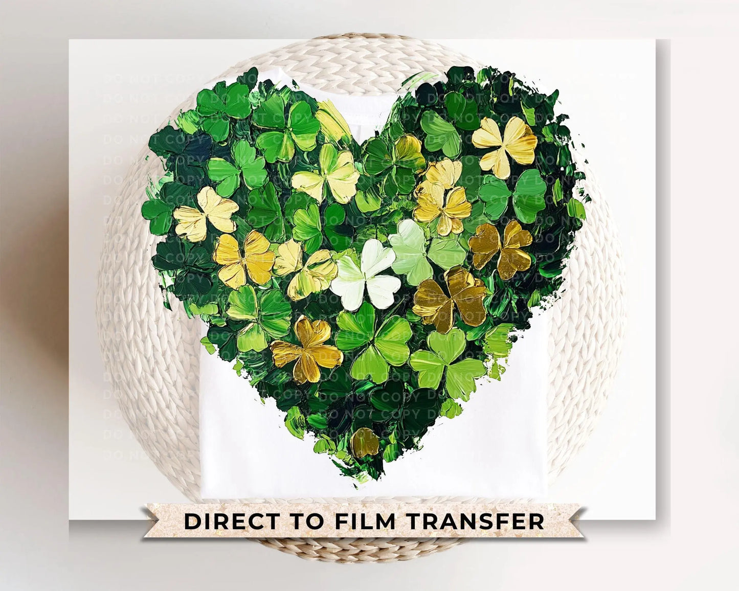 St. Patrick's Day DTF Transfer, Ready to Press, T-shirt Transfer, Heat Transfer, Direct to Film, Gold Clover, Brushstroke Shamrock Heart