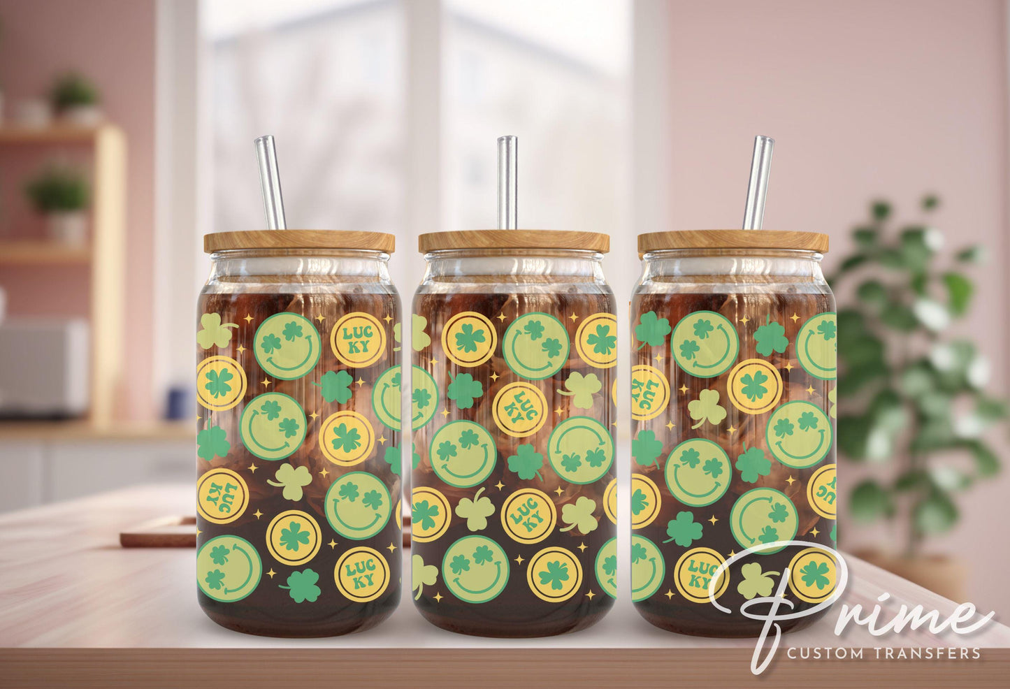 Saint Patrick's Day UV DTF Libbey 16oz Cup Wrap Sticker, Ready to Apply, No Heat, Permanent Adhesive, Waterproof, Glass Can, Clover and Gold