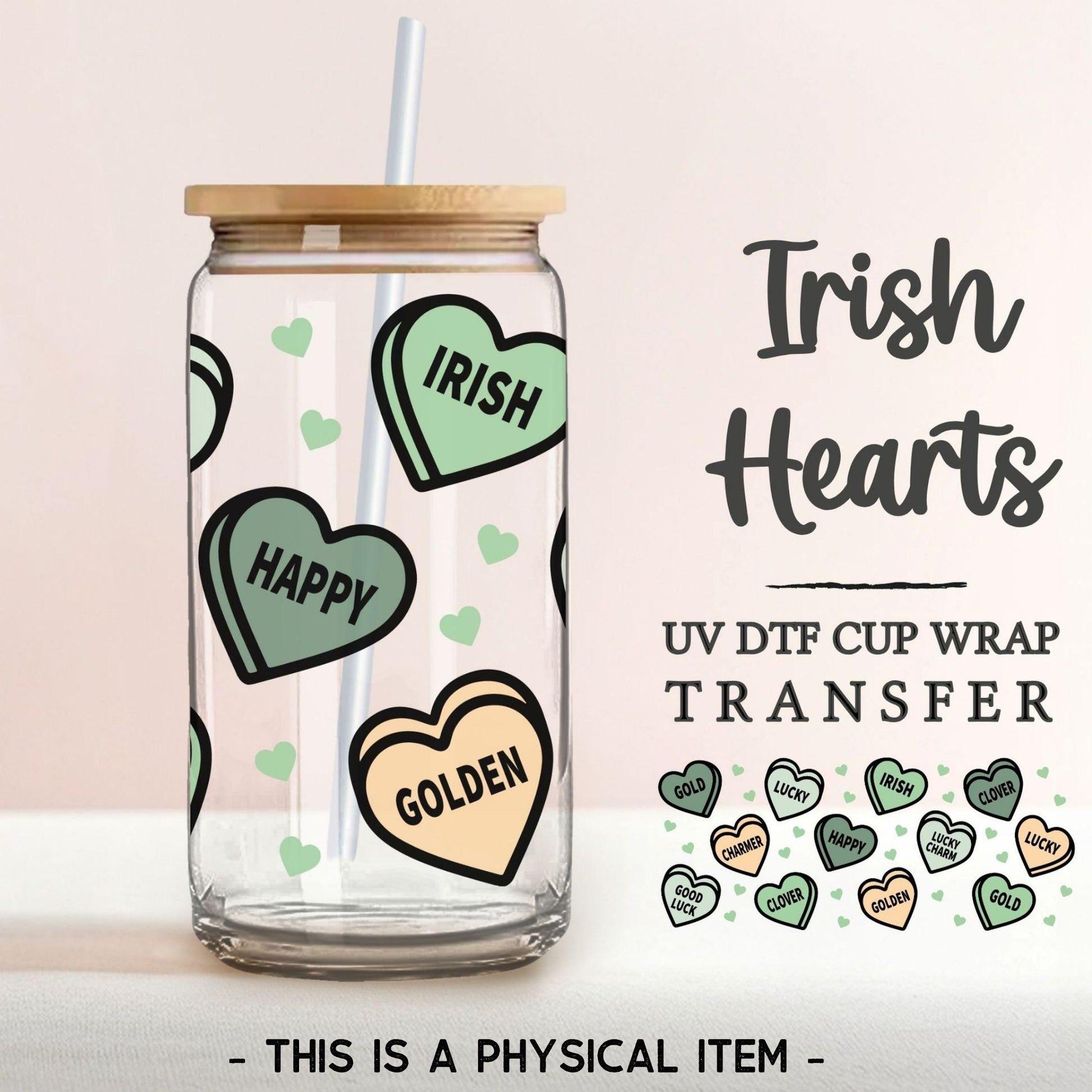 Saint Patrick's Day UV DTF Libbey 16oz Cup Wrap Sticker, Ready to Apply, No Heat, Permanent Adhesive, Waterproof, Glass Can, Cute Hearts