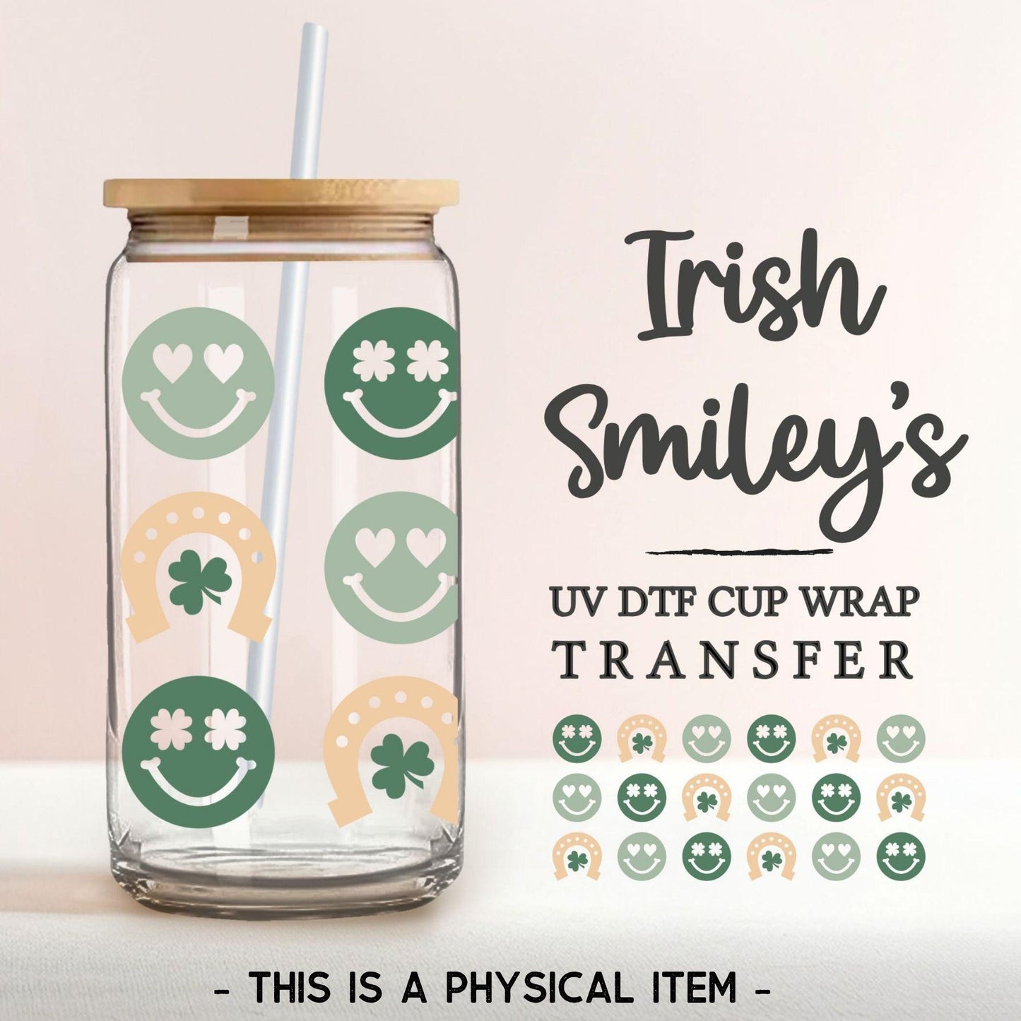 Saint Patrick's Day UV DTF Libbey 16oz Cup Wrap Sticker, Ready to Apply, No Heat, Permanent Adhesive, Waterproof, Glass Can, Irish Smileys