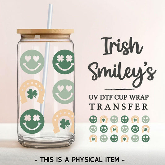 Saint Patrick's Day UV DTF Libbey 16oz Cup Wrap Sticker, Ready to Apply, No Heat, Permanent Adhesive, Waterproof, Glass Can, Irish Smileys