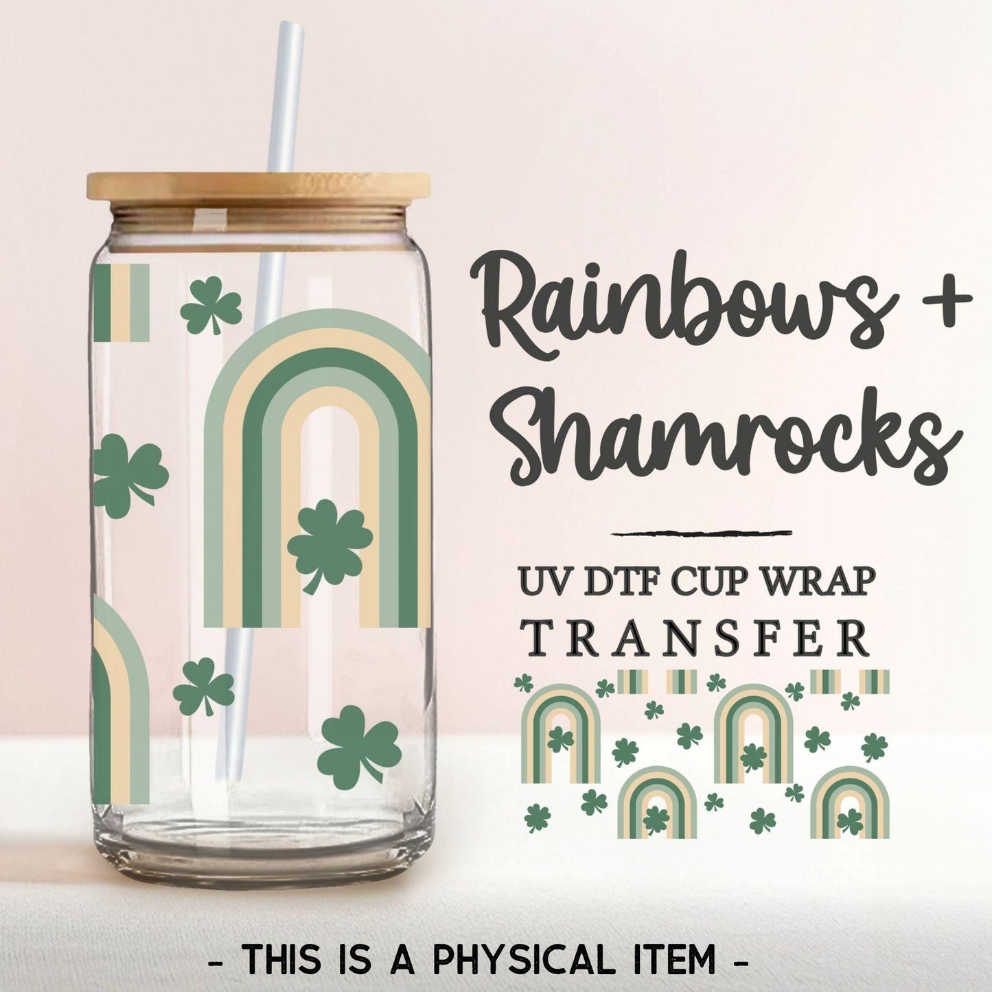 Saint Patrick's Day UV DTF Libbey 16oz Cup Wrap Sticker, Ready to Apply, No Heat, Permanent Adhesive, Waterproof, Glass Can, Lucky Shamrocks