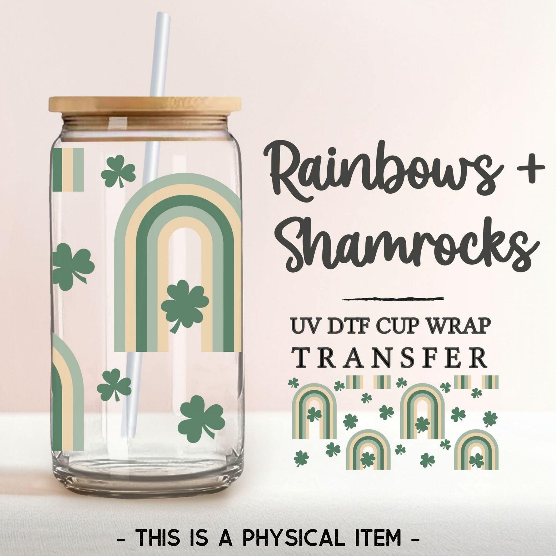 Saint Patrick's Day UV DTF Libbey 16oz Cup Wrap Sticker, Ready to Apply, No Heat, Permanent Adhesive, Waterproof, Glass Can, Lucky Shamrocks