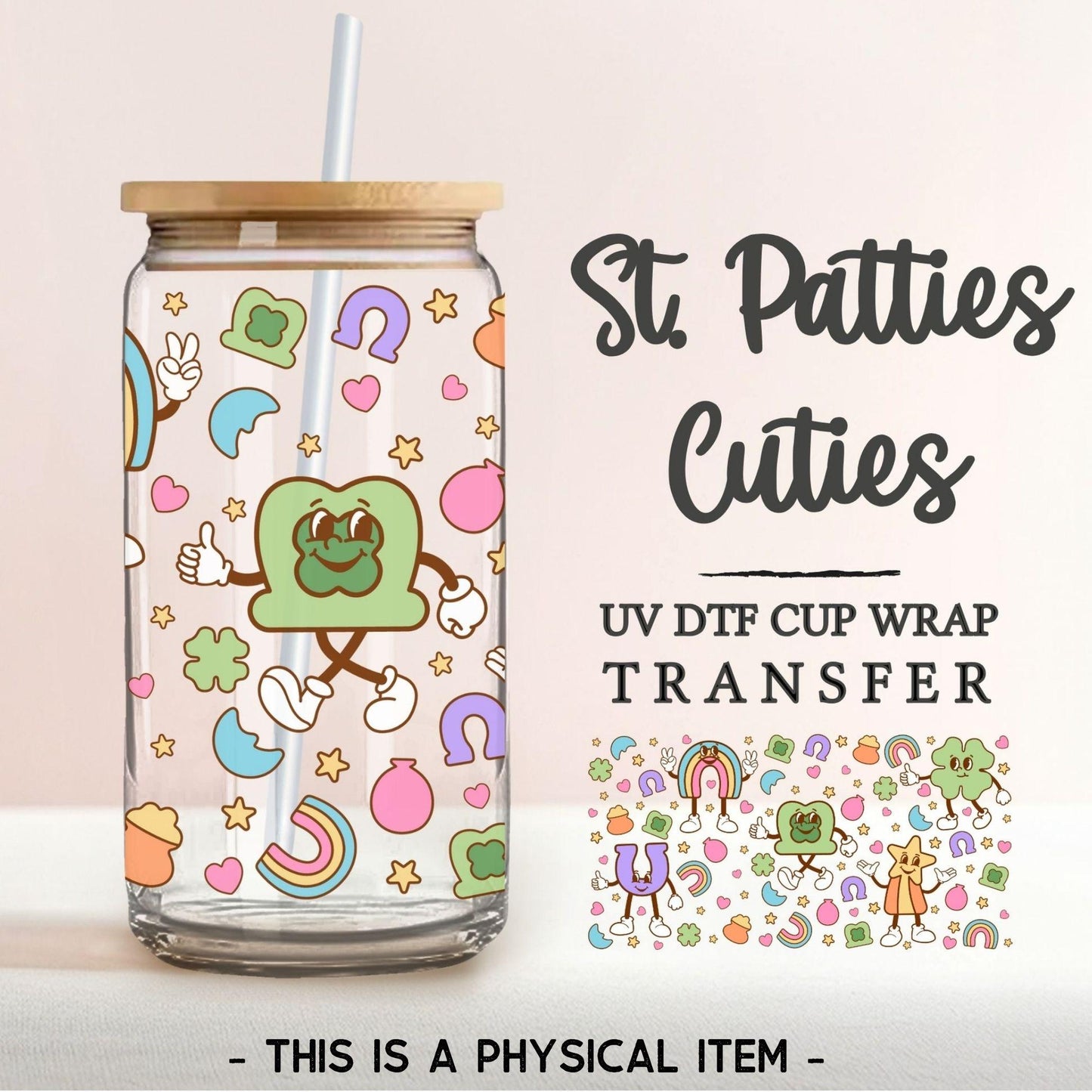 Saint Patrick's Day UV DTF Libbey 16oz Cup Wrap Sticker, Ready to Apply, No Heat, Permanent Adhesive, Waterproof, Glass Can, Cuties