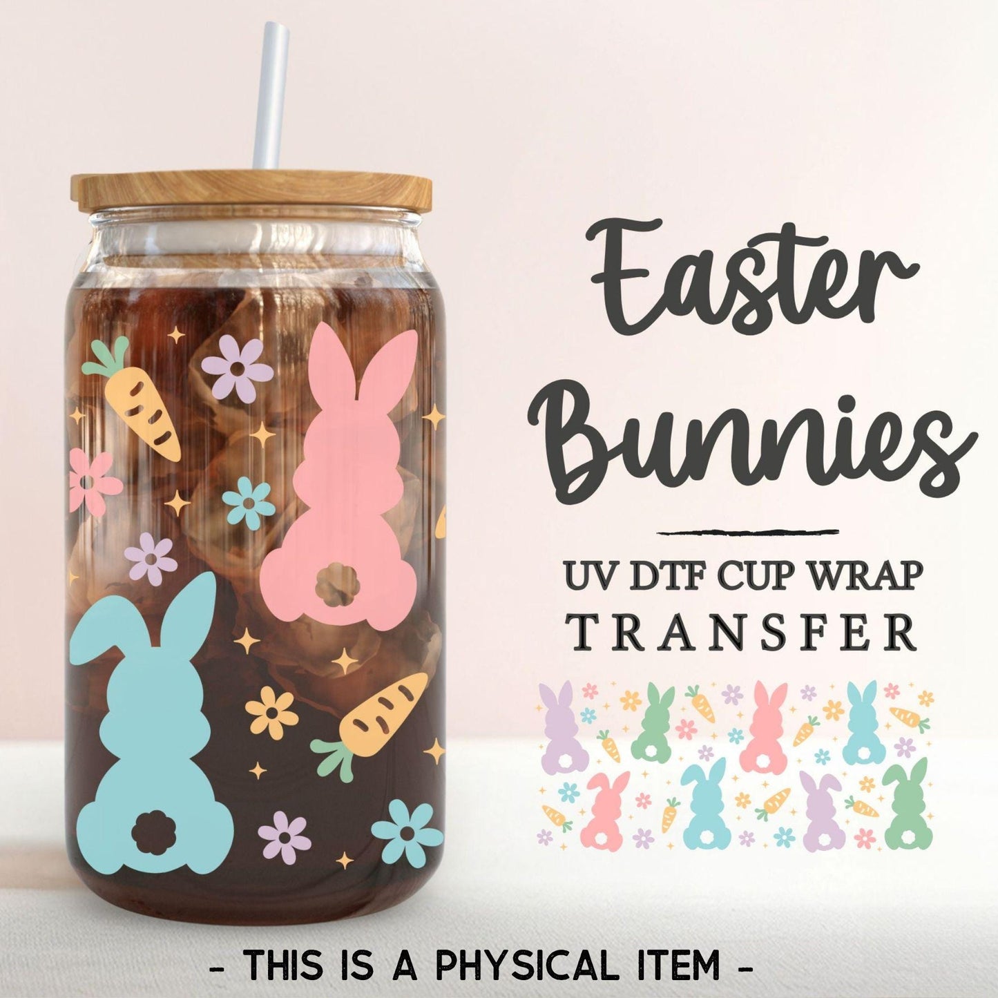 Easter UV DTF Libbey 16oz Cup Wrap Sticker, Ready to Apply, No Heat, Permanent Adhesive, Waterproof, Glass Can Tumbler, Pastel Easter Bunny