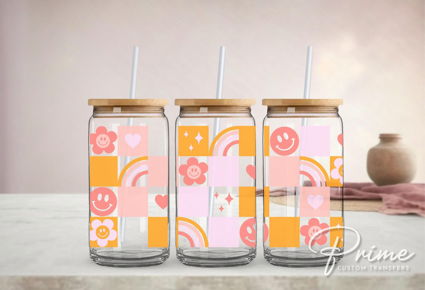 Retro UV DTF 16oz Libbey Cup Wrap Sticker, Ready To Apply, Direct to Film, Glass Can, Permanent, Rainbow, Flowers, Boho Checkered Hippie