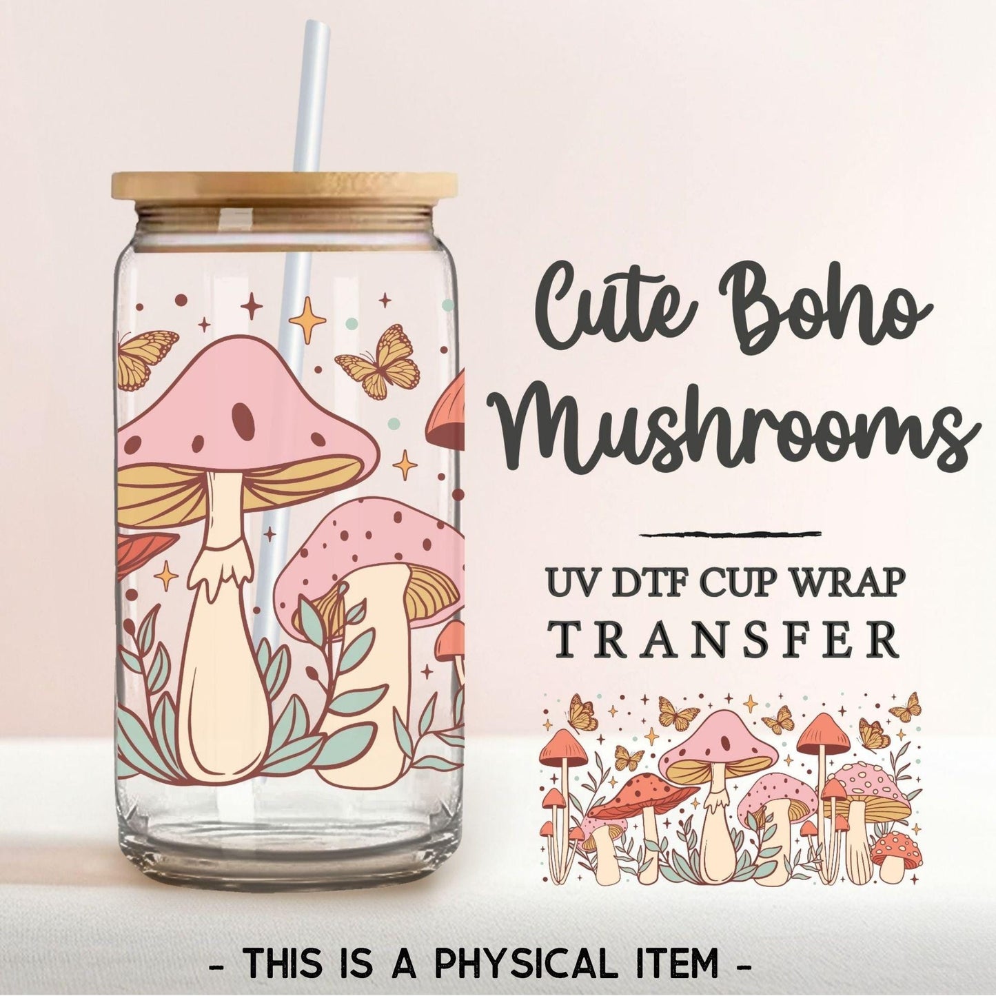 Retro UV DTF 16oz Libbey Cup Wrap Sticker, Ready To Apply, Direct to Film, Glass Can, Permanent, Butterflies, Flowers, Cute, Boho Mushrooms