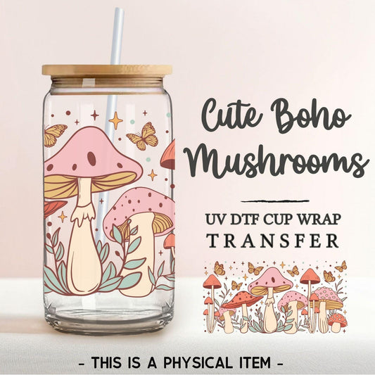 Retro UV DTF 16oz Libbey Cup Wrap Sticker, Ready To Apply, Direct to Film, Glass Can, Permanent, Butterflies, Flowers, Cute, Boho Mushrooms