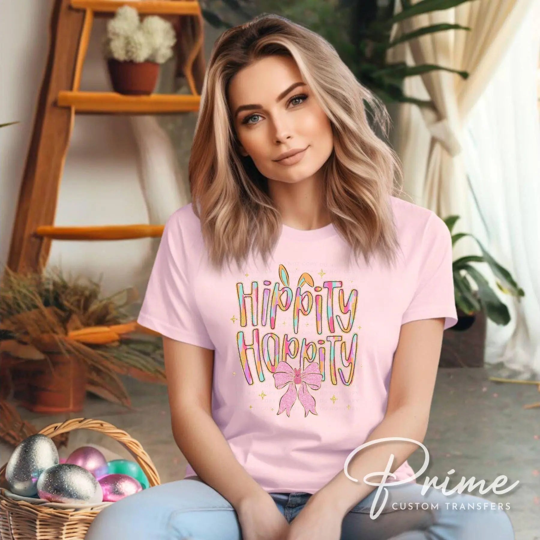 Easter DTF Transfers, Ready to Press, T-shirt Transfers, Heat Transfer, Direct to Film, Faux Glitter, Bunny, Brushstroke, Girly Coquette Bow