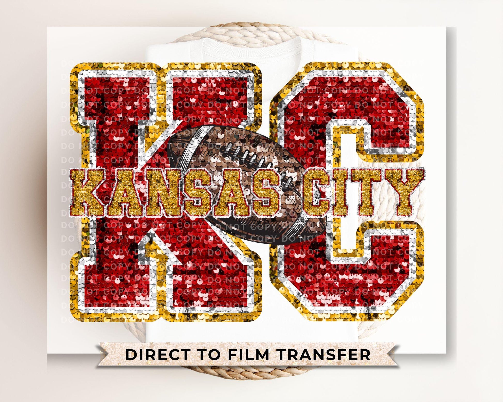 Football DTF Transfer, Ready to Press, T-shirt Transfer, Heat Transfer, Direct to Film, Sports Fan, FAUX Glitter, KC Kansas City Faux Sequin