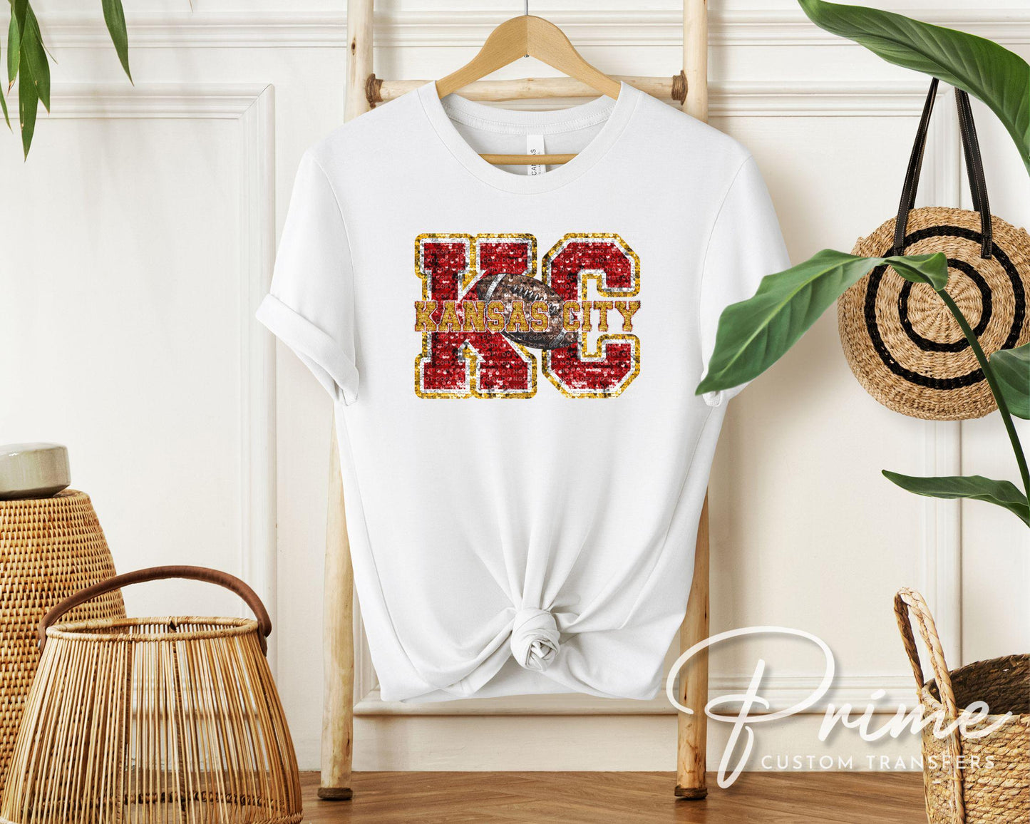 Football DTF Transfer, Ready to Press, T-shirt Transfer, Heat Transfer, Direct to Film, Sports Fan, FAUX Glitter, KC Kansas City Faux Sequin