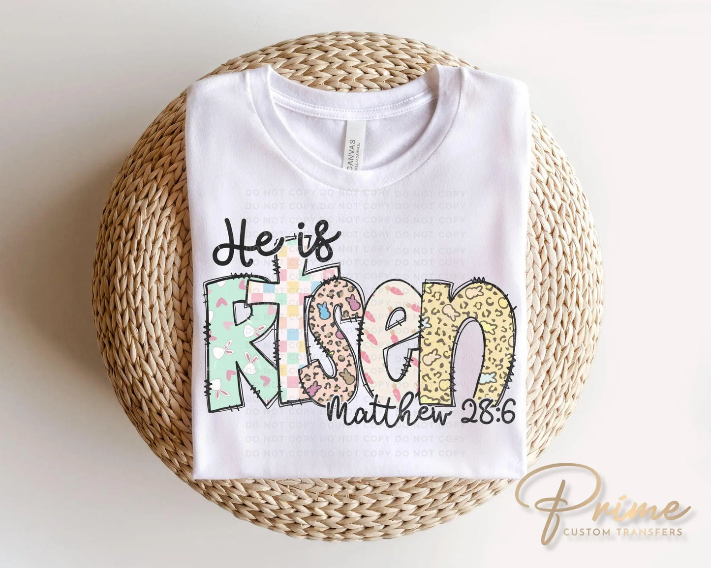 Easter DTF Transfers, Ready to Press, T-shirt Transfers, Heat Transfer, Direct to Film, Christian, Doodle, Bible, Matthew 28:6, He is Risen