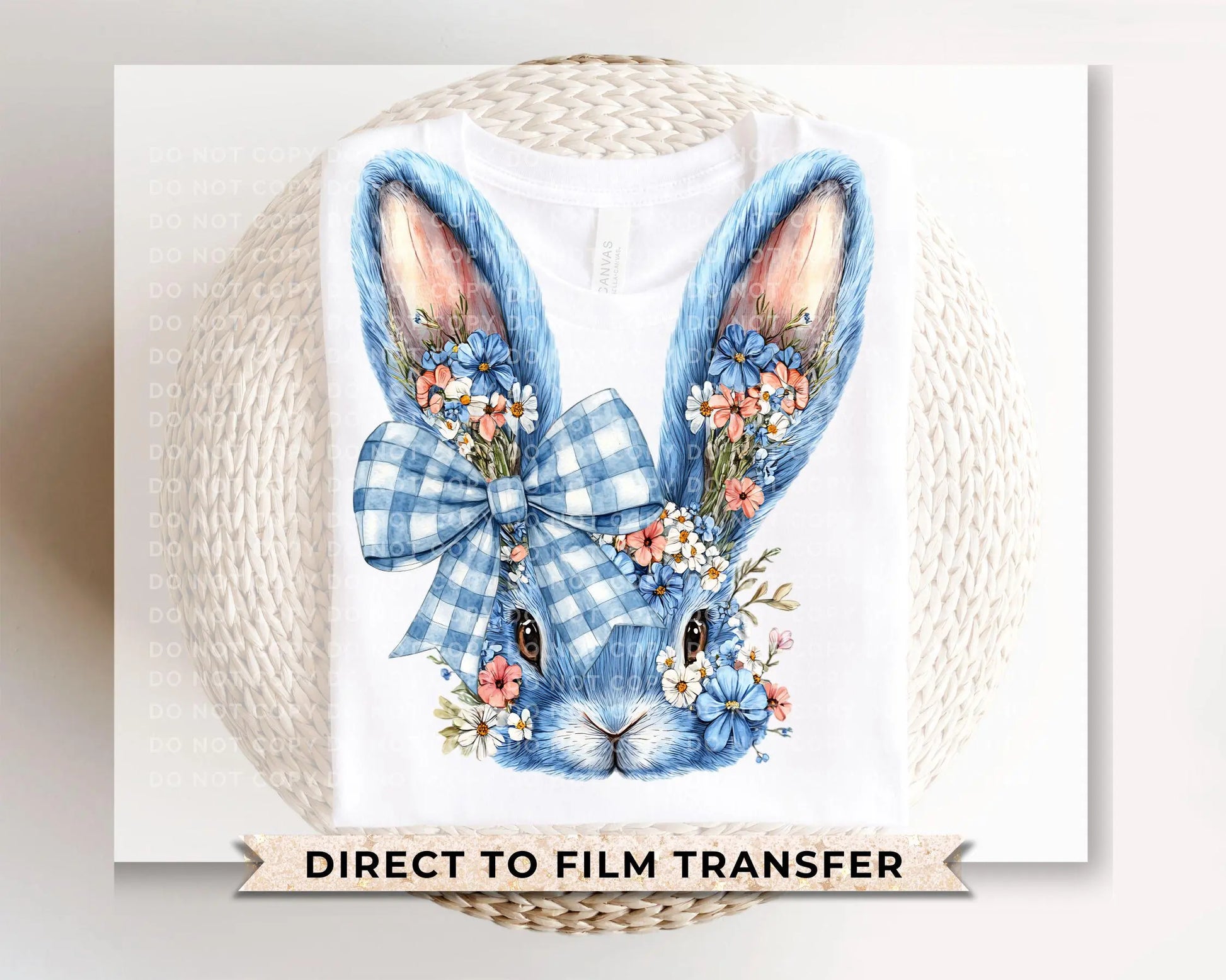 Easter DTF Transfer, Ready to Press, T-shirt Transfer, Heat Transfer, Direct to Film, Rabbit, Girly, Bow Easter, Coquette Blue Floral Bunny