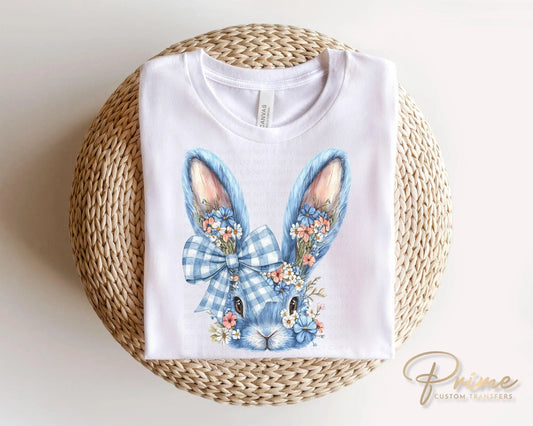 Easter DTF Transfer, Ready to Press, T-shirt Transfer, Heat Transfer, Direct to Film, Rabbit, Girly, Bow Easter, Coquette Blue Floral Bunny