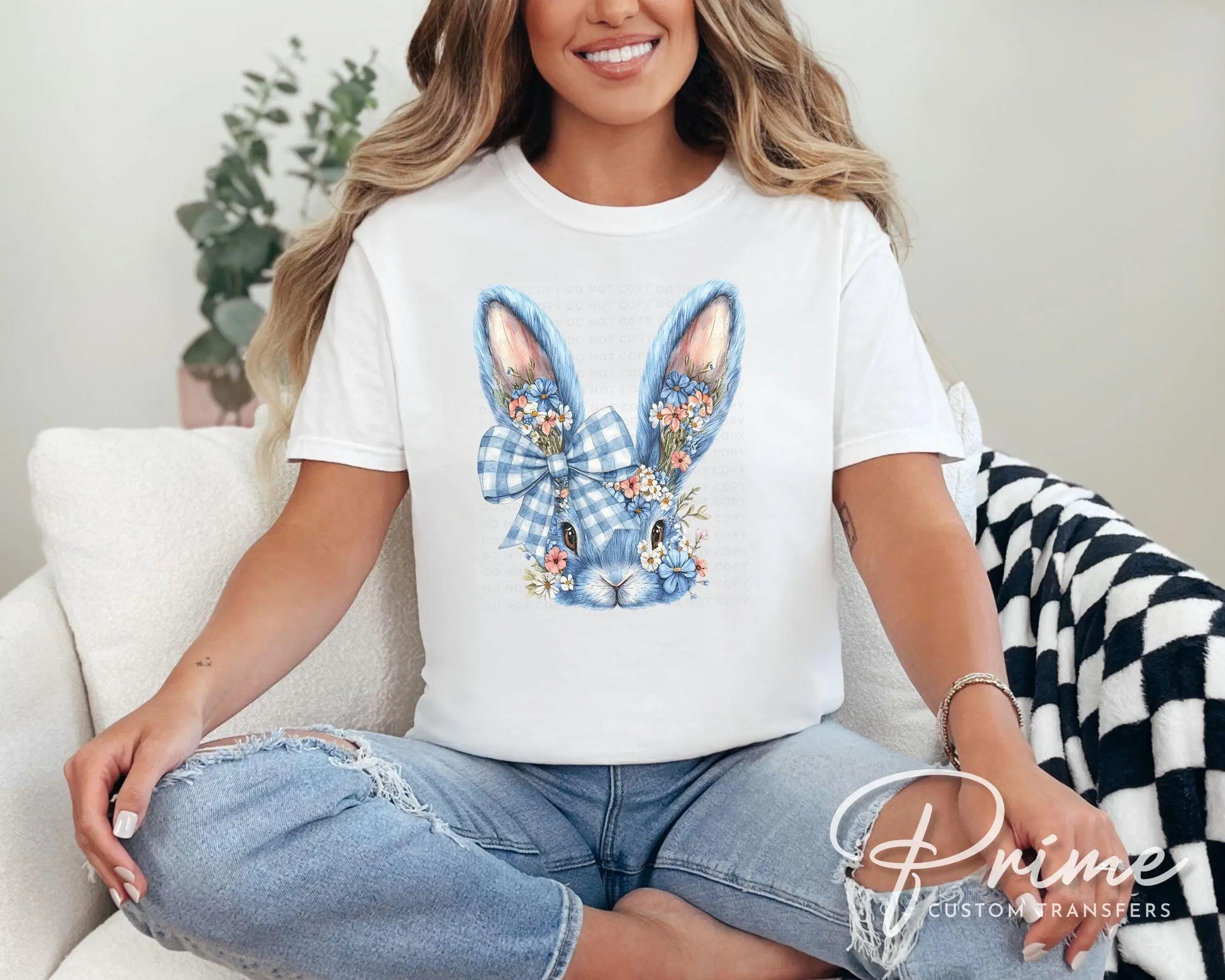 Easter DTF Transfer, Ready to Press, T-shirt Transfer, Heat Transfer, Direct to Film, Rabbit, Girly, Bow Easter, Coquette Blue Floral Bunny
