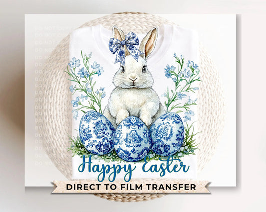 Easter DTF Transfer, Ready to Press, T-shirt Transfer, Heat Transfer, Direct to Film, Rabbit, Girly, Bow Easter, Coquette Blue Floral Bunny