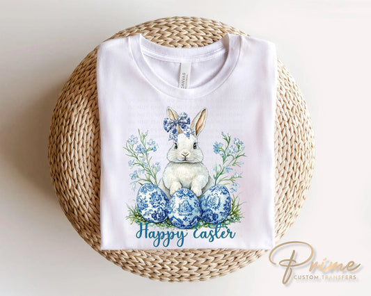 Easter DTF Transfer, Ready to Press, T-shirt Transfer, Heat Transfer, Direct to Film, Rabbit, Girly, Bow Easter, Coquette Blue Floral Bunny