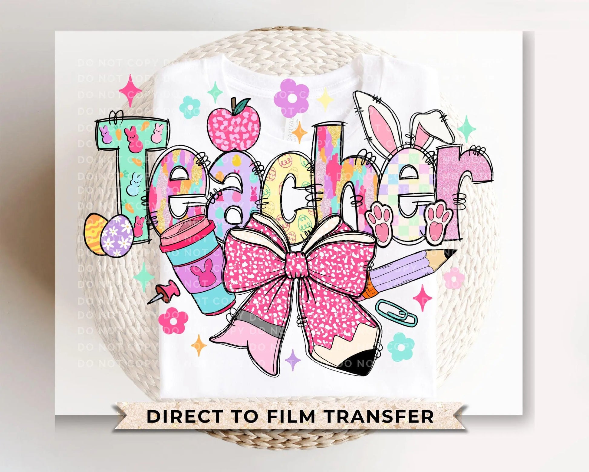 Easter DTF Transfer, Ready to Press, T-shirt Transfer, Heat Transfer, Direct to Film, School, Hoppy Easter Bunny Bow Egg, Coquette Teacher