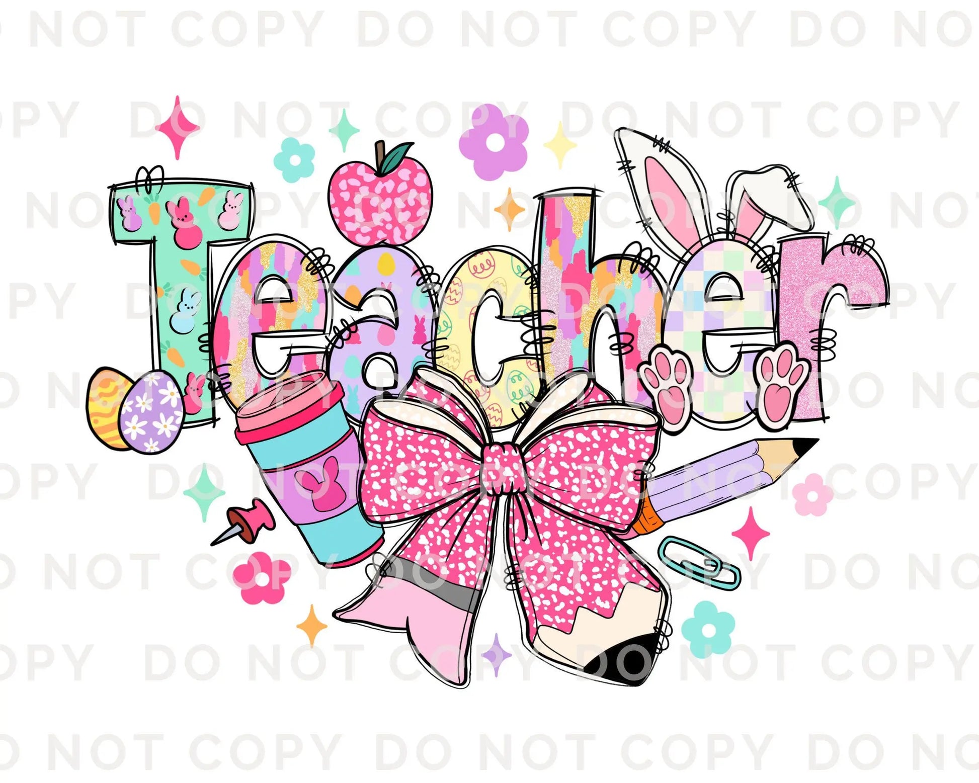 Easter DTF Transfer, Ready to Press, T-shirt Transfer, Heat Transfer, Direct to Film, School, Hoppy Easter Bunny Bow Egg, Coquette Teacher