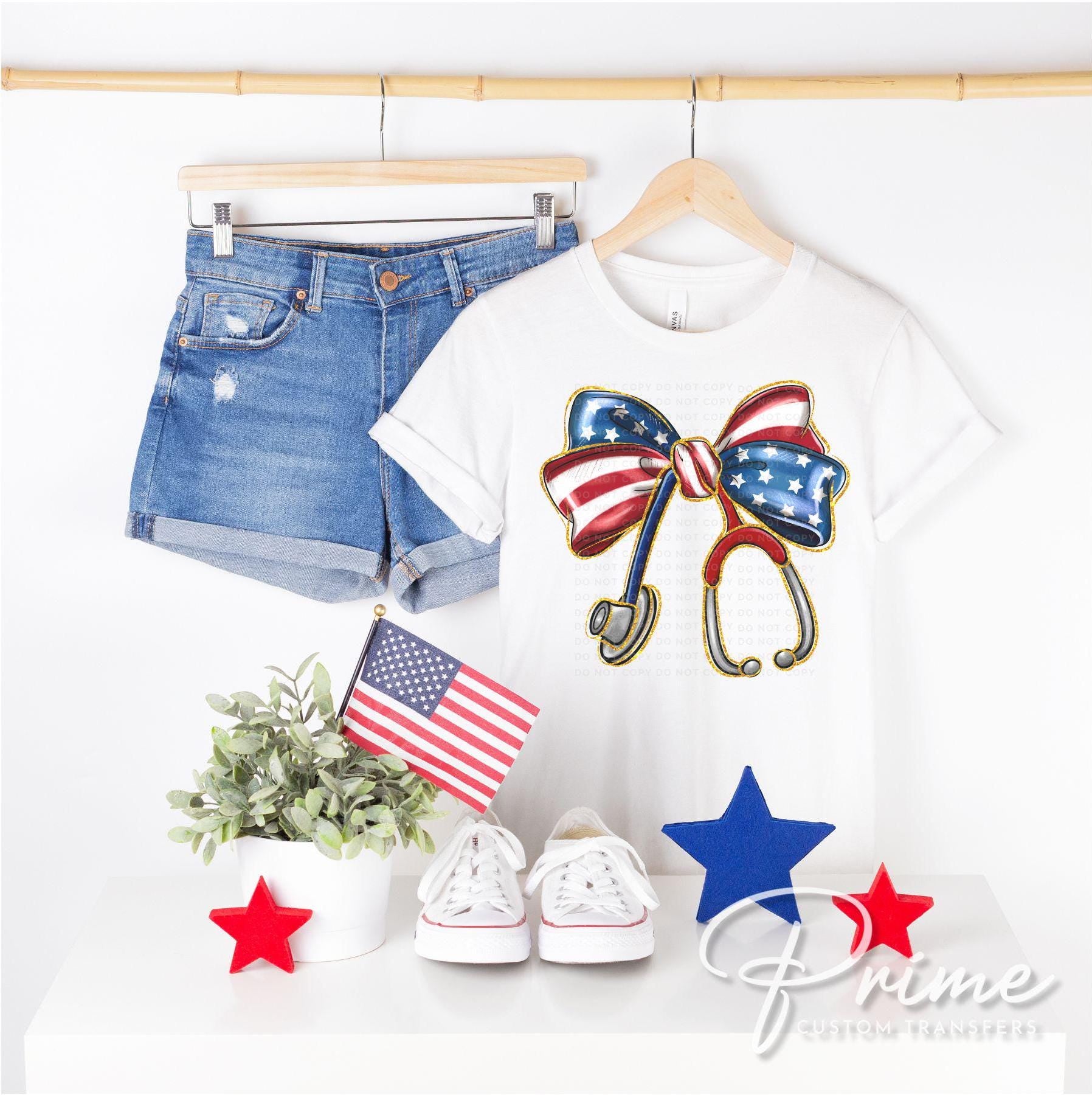 4th of July DTF Transfers, Ready to Press, T-shirt Transfers, Heat Transfer, Direct to Film, USA, Holiday, Ribbon, Coquette American Nurse