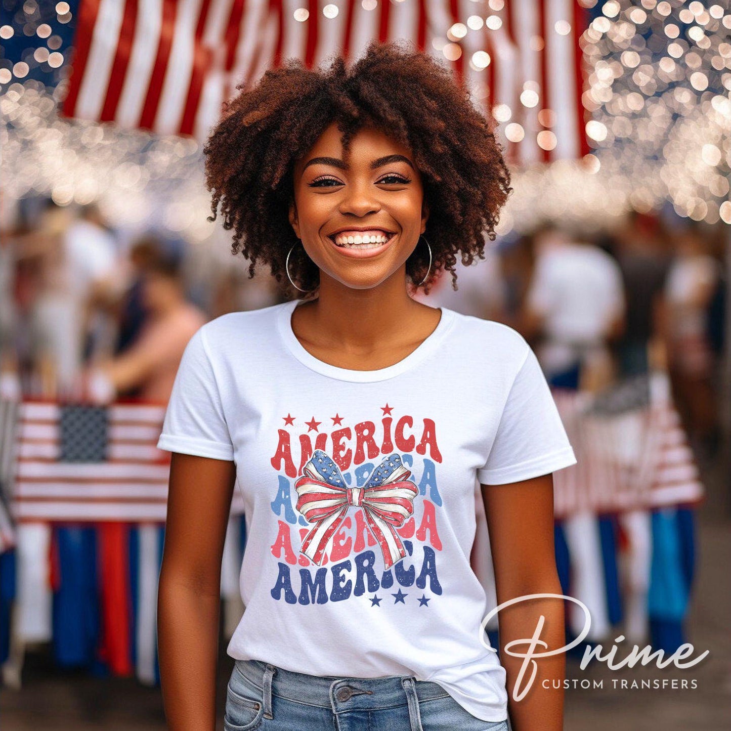 4th of July DTF Transfers, Ready to Press, T-shirt Transfers, Heat Transfer, Direct to Film, USA, Ribbon, Coquette, Red White, Blue Bow