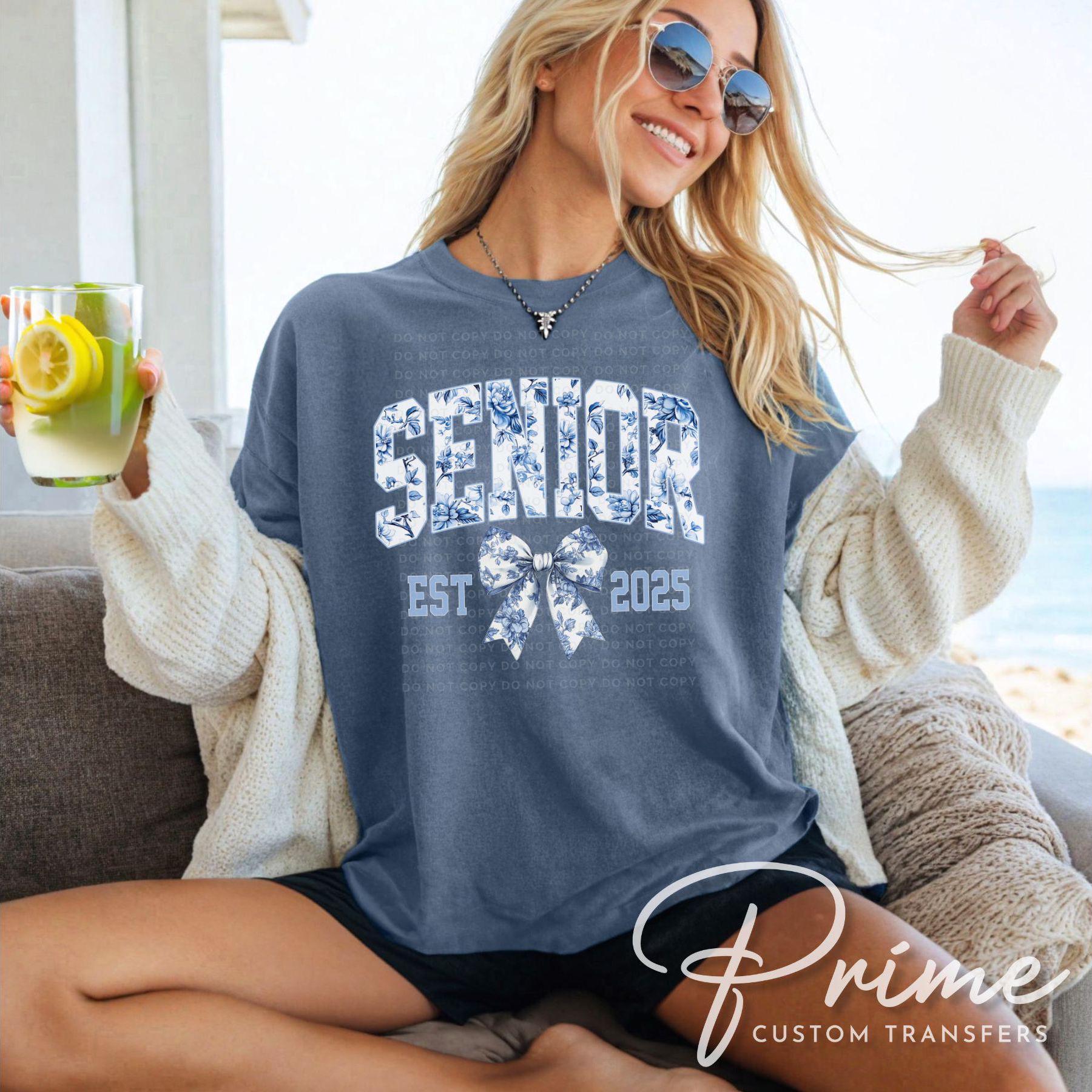 School DTF, Ready to Press, DIY T-shirt, Heat Transfer, Direct to Film, Pink Bow, High School Graduation, Blue Coquette Senior Class 2025