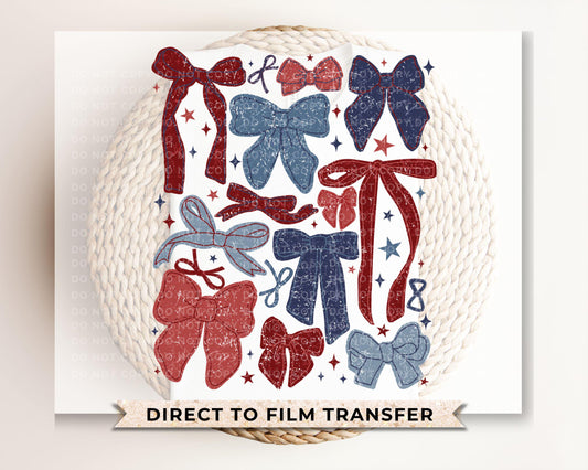 4th of July DTF Transfers, Ready to Press, T-shirt Transfers, Heat Transfer, Direct to Film, USA, Ribbon, Coquette, Red White, Blue Bows