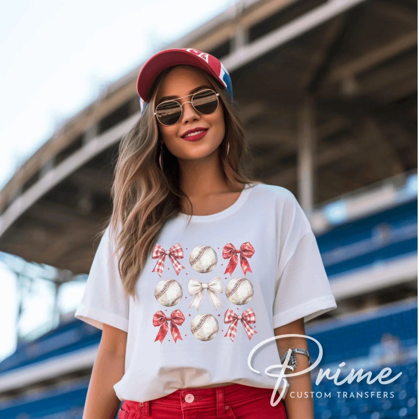 Baseball DTF Transfer, Ready to Press, T-shirt Transfer, Heat Transfer, Direct to Film, Sport Mama Game Day, Red Coquette Baseballs and Bows