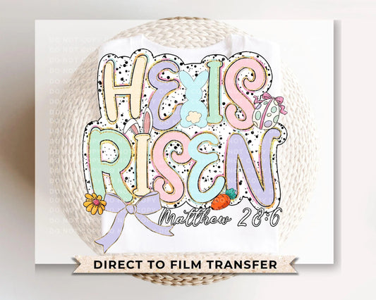 Easter DTF Transfers, Ready to Press, T-shirt Transfers, Heat Transfer, Direct to Film, Christian, Doodle, Bible, He is Risen Faux Glitter