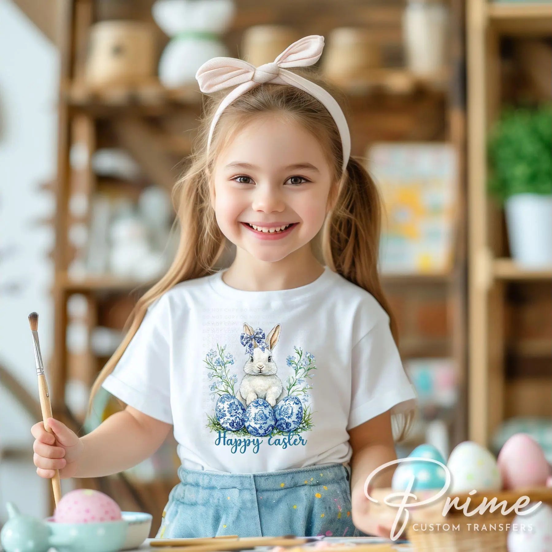 Easter DTF Transfer, Ready to Press, T-shirt Transfer, Heat Transfer, Direct to Film, Rabbit, Girly, Bow Easter, Coquette Blue Floral Bunny