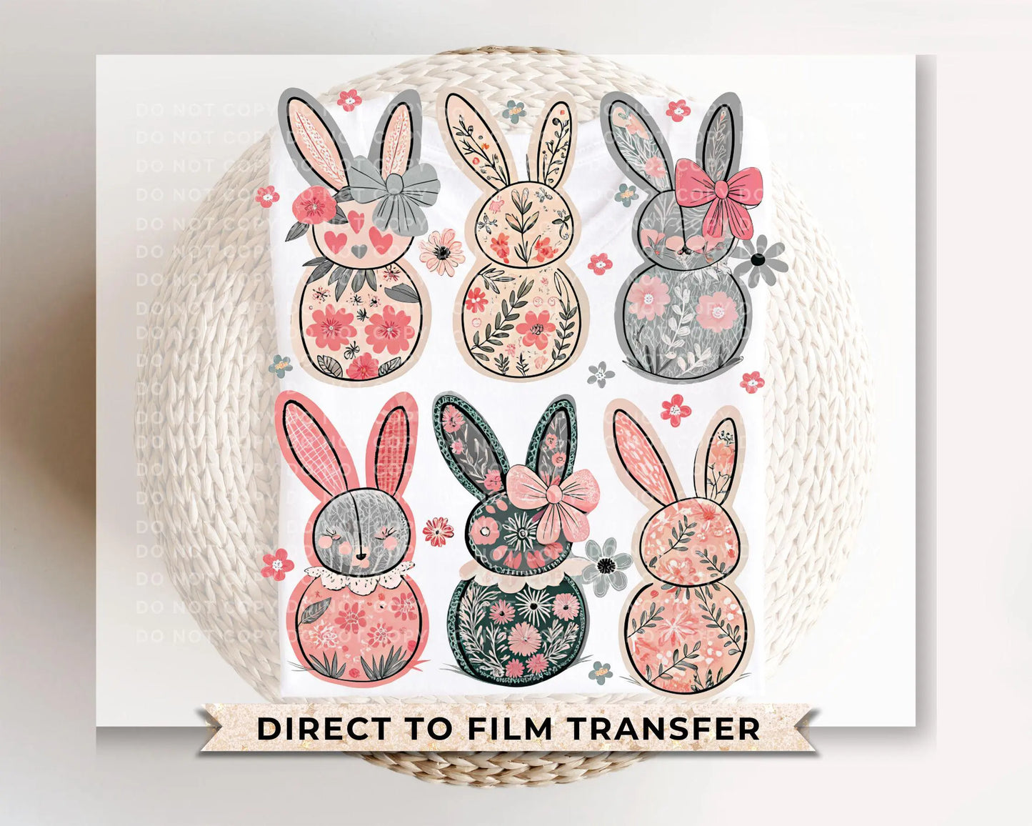 Easter DTF Transfer, Ready to Press, T-shirt Transfer, Heat Transfer, Direct to Film, Floral, Spring, Rabbit, Bow, Coquette Floral Bunnies