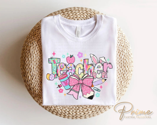 Easter DTF Transfer, Ready to Press, T-shirt Transfer, Heat Transfer, Direct to Film, School, Hoppy Easter Bunny Bow Egg, Coquette Teacher