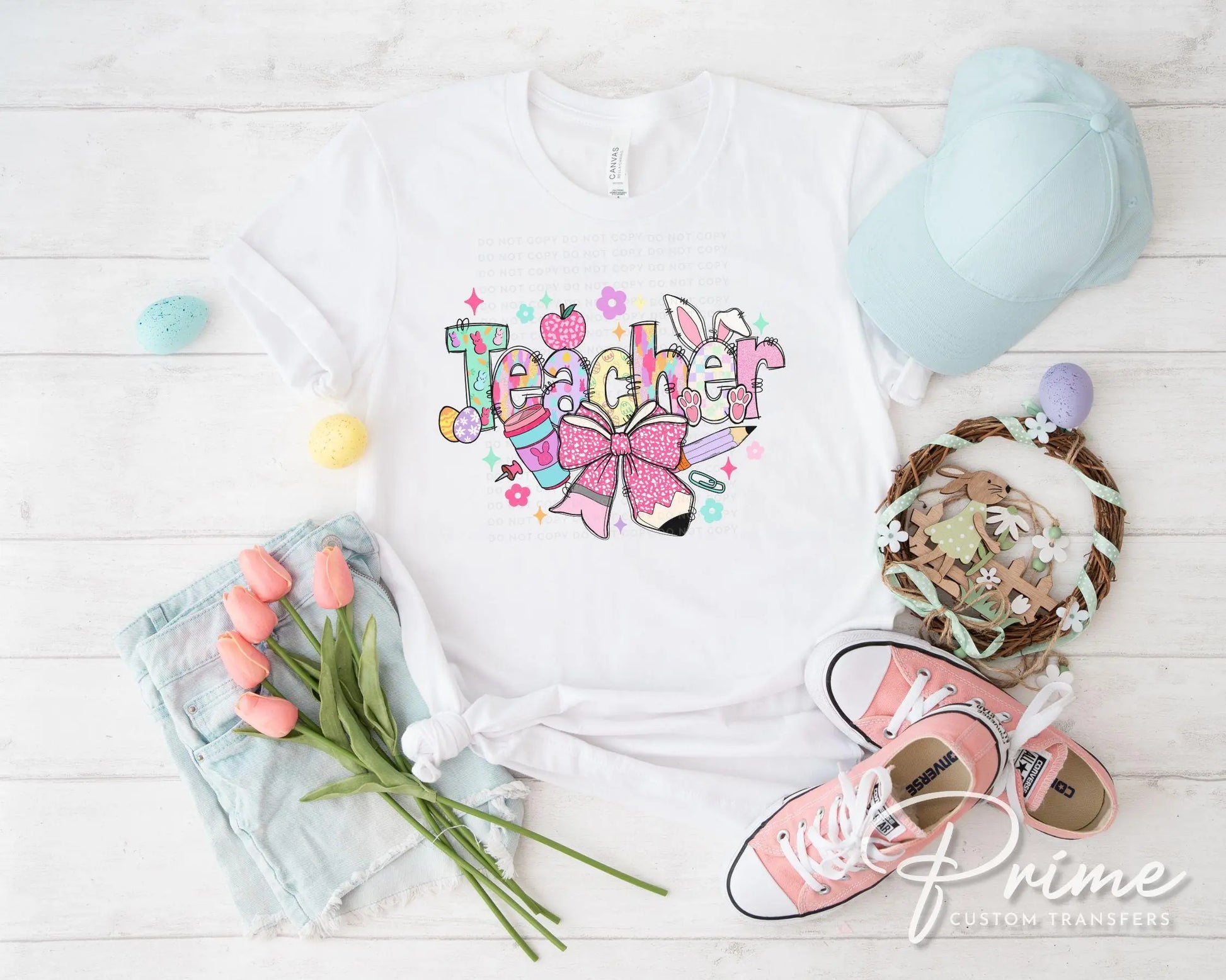 Easter DTF Transfer, Ready to Press, T-shirt Transfer, Heat Transfer, Direct to Film, School, Hoppy Easter Bunny Bow Egg, Coquette Teacher