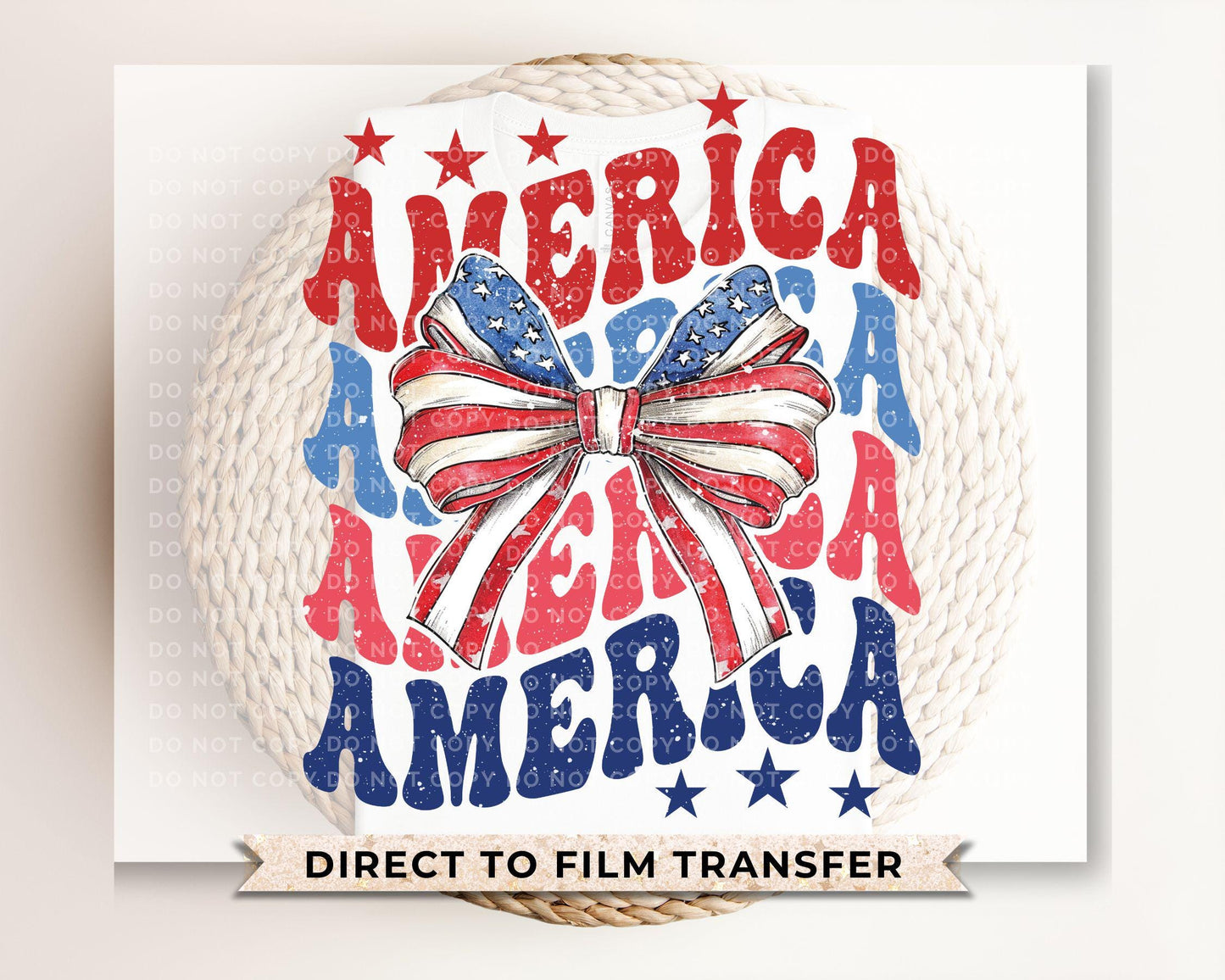 4th of July DTF Transfers, Ready to Press, T-shirt Transfers, Heat Transfer, Direct to Film, USA, Ribbon, Coquette, Red White, Blue Bow