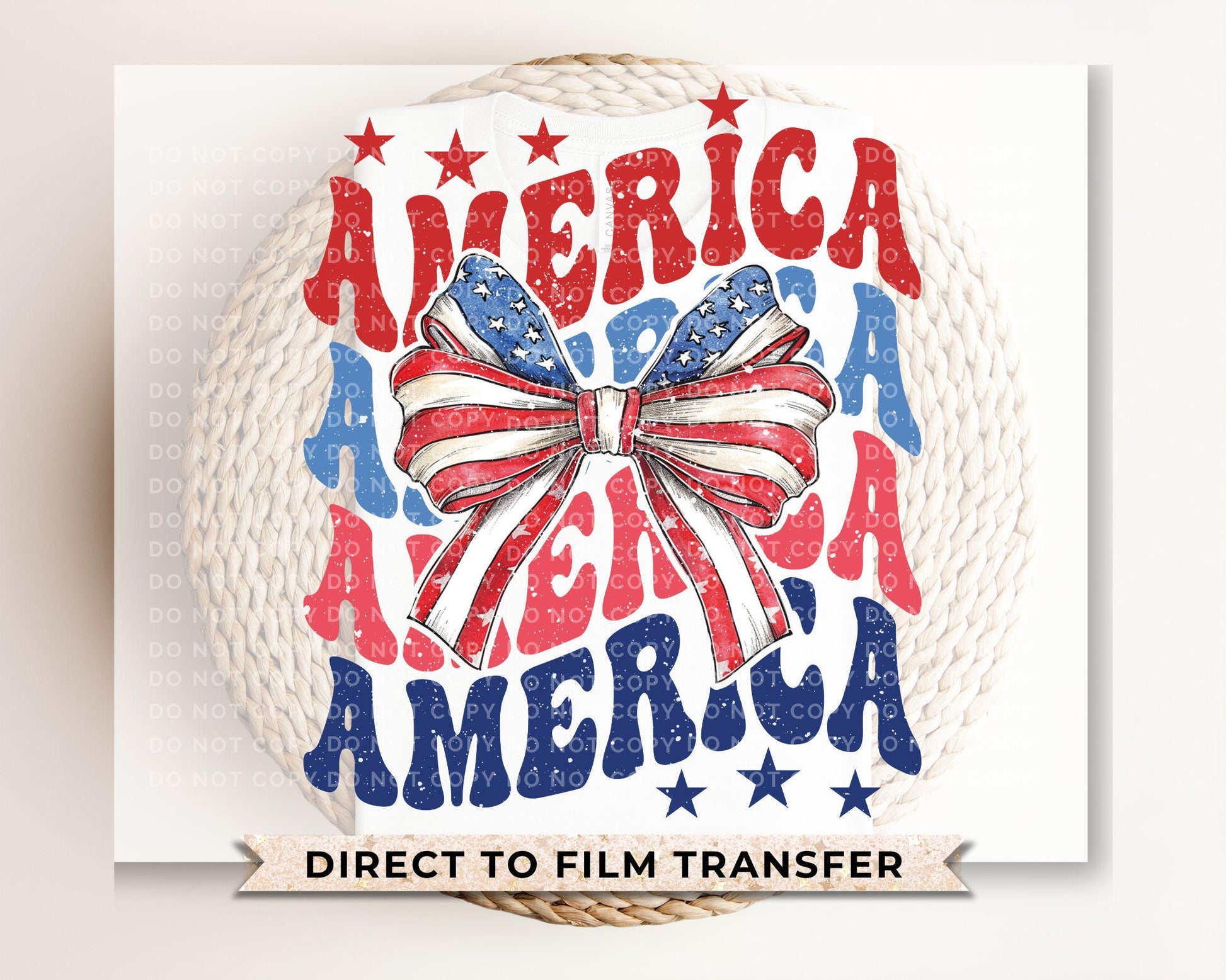4th of July DTF Transfers, Ready to Press, T-shirt Transfers, Heat Transfer, Direct to Film, USA, Ribbon, Coquette, Red White, Blue Bow