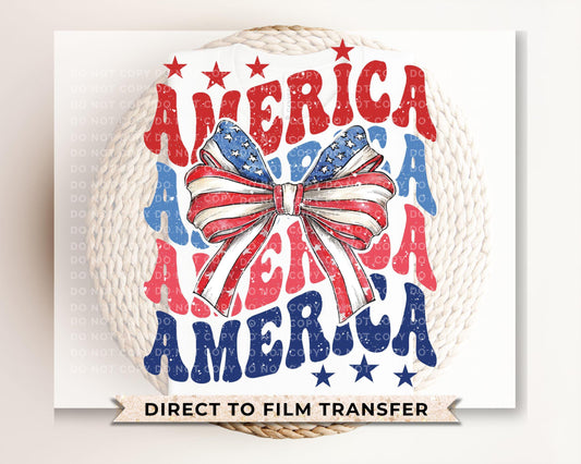 4th of July DTF Transfers, Ready to Press, T-shirt Transfers, Heat Transfer, Direct to Film, USA, Ribbon, Coquette, Red White, Blue Bow