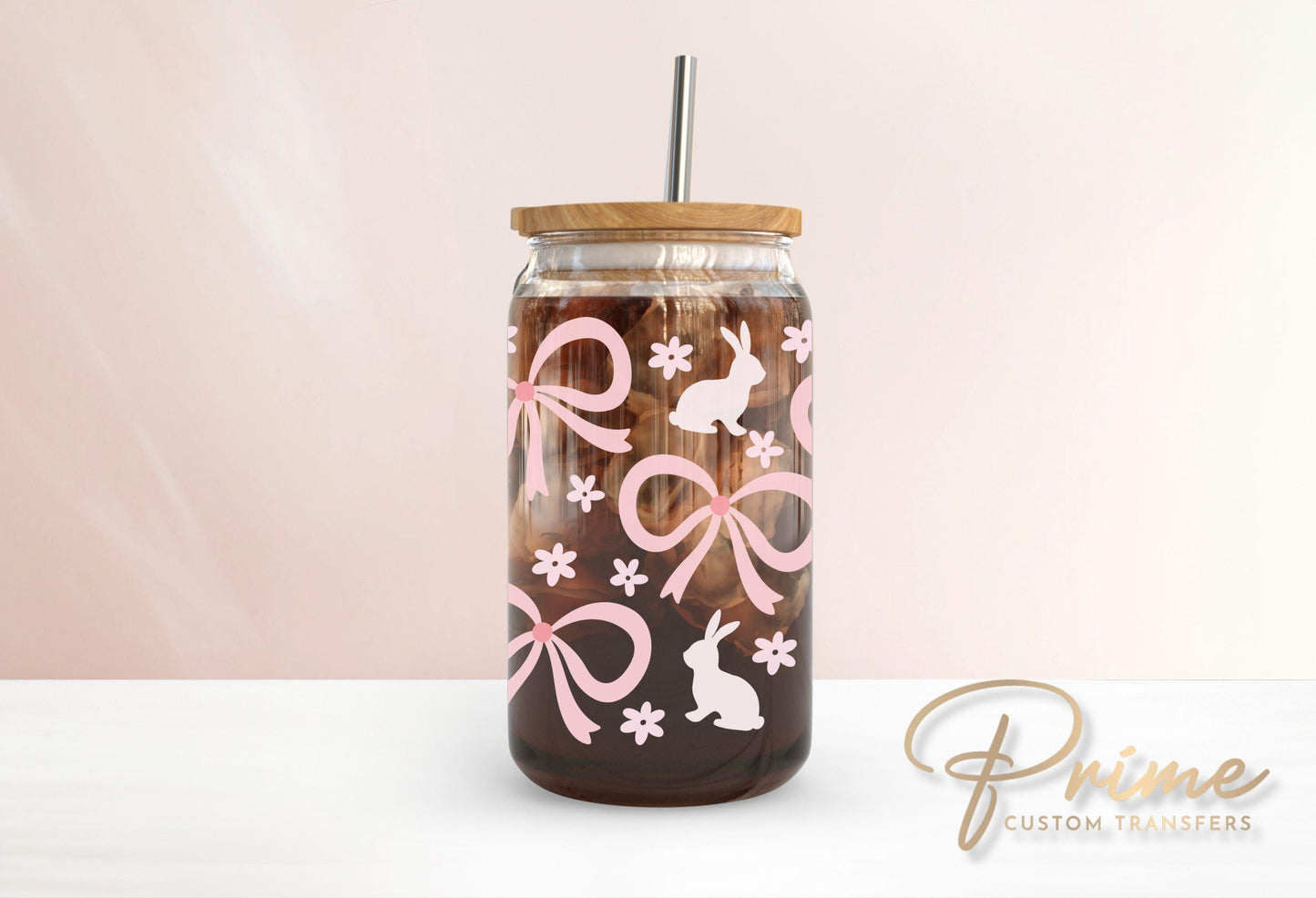 Easter UV DTF Libbey 16oz Cup Wrap Sticker, Ready to Apply, No Heat, Permanent Adhesive, Waterproof, Glass Can Tumbler, Bunnies and Bows