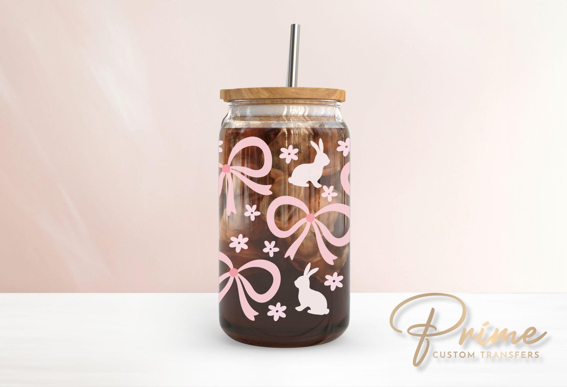 Easter UV DTF Libbey 16oz Cup Wrap Sticker, Ready to Apply, No Heat, Permanent Adhesive, Waterproof, Glass Can Tumbler, Bunnies and Bows