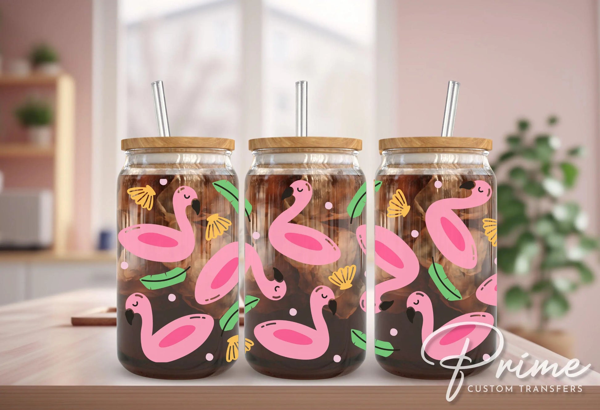 UV DTF 16oz Libbey Cup Wrap Sticker, Ready To Apply, Direct to Film, Wrap, Summer, Glass Can, Permanent, Summer, Cute, Pink Flamingo Float