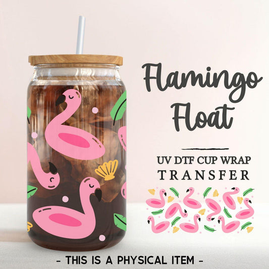 UV DTF 16oz Libbey Cup Wrap Sticker, Ready To Apply, Direct to Film, Wrap, Summer, Glass Can, Permanent, Summer, Cute, Pink Flamingo Float