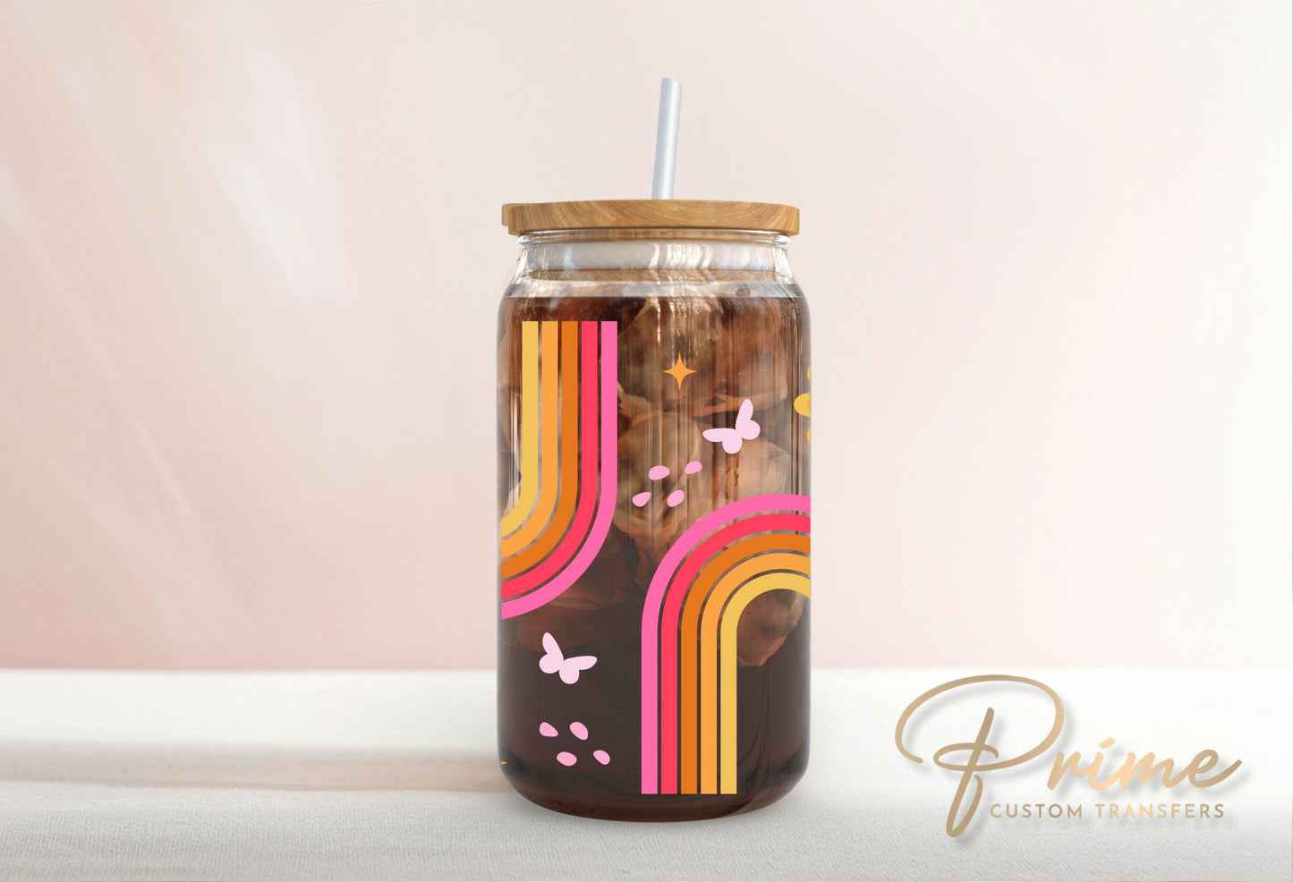 UV DTF Libbey 16oz Cup Wrap Sticker, Ready to Apply, Permanent Adhesive, Waterproof, Glass Can, Spring, Boho Rainbow, 70's Vintage Style