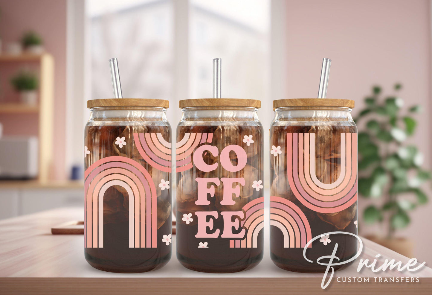 UV DTF Libbey 16oz Cup Wrap Sticker, Ready to Apply, No Heat, Permanent Adhesive, Waterproof, Glass Can, Rainbow, Mom Life, Boho Coffee