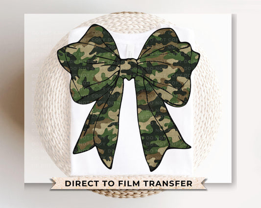Camo Coquette Bow DTF Transfer, Ready to Press, T-shirt Transfer, Heat Transfer, Direct to Film, Mama Camo, Trendy, Aesthetic Camouflage Bow