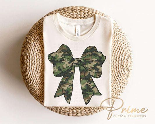 Camo Coquette Bow DTF Transfer, Ready to Press, T-shirt Transfer, Heat Transfer, Direct to Film, Mama Camo, Trendy, Aesthetic Camouflage Bow
