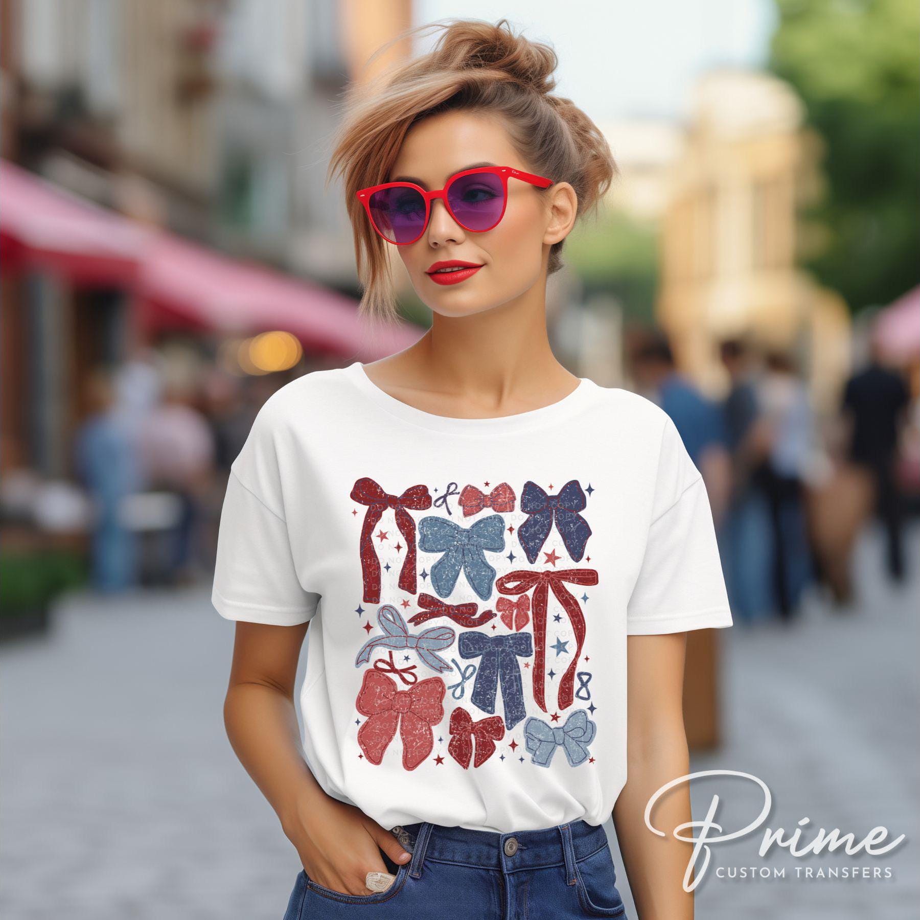 4th of July DTF Transfers, Ready to Press, T-shirt Transfers, Heat Transfer, Direct to Film, USA, Ribbon, Coquette, Red White, Blue Bows