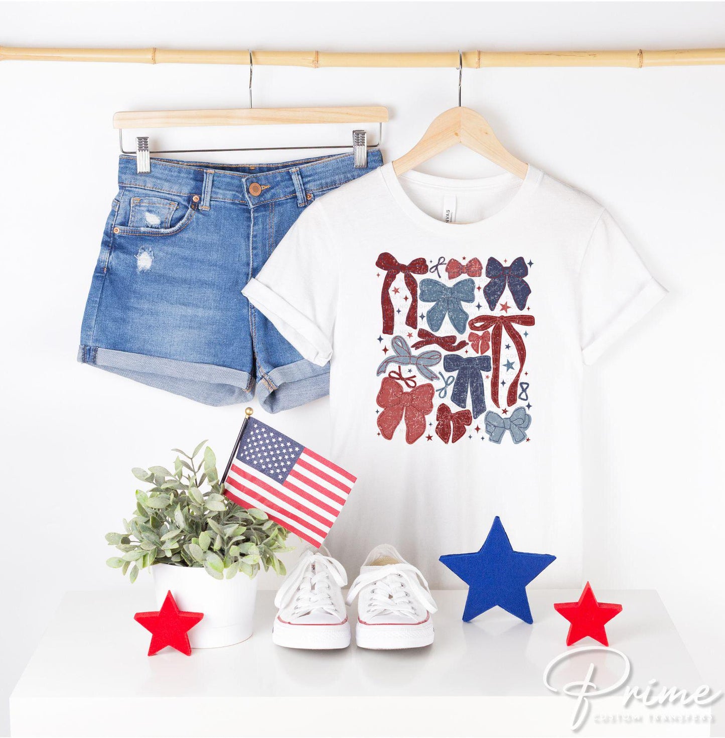 4th of July DTF Transfers, Ready to Press, T-shirt Transfers, Heat Transfer, Direct to Film, USA, Ribbon, Coquette, Red White, Blue Bows