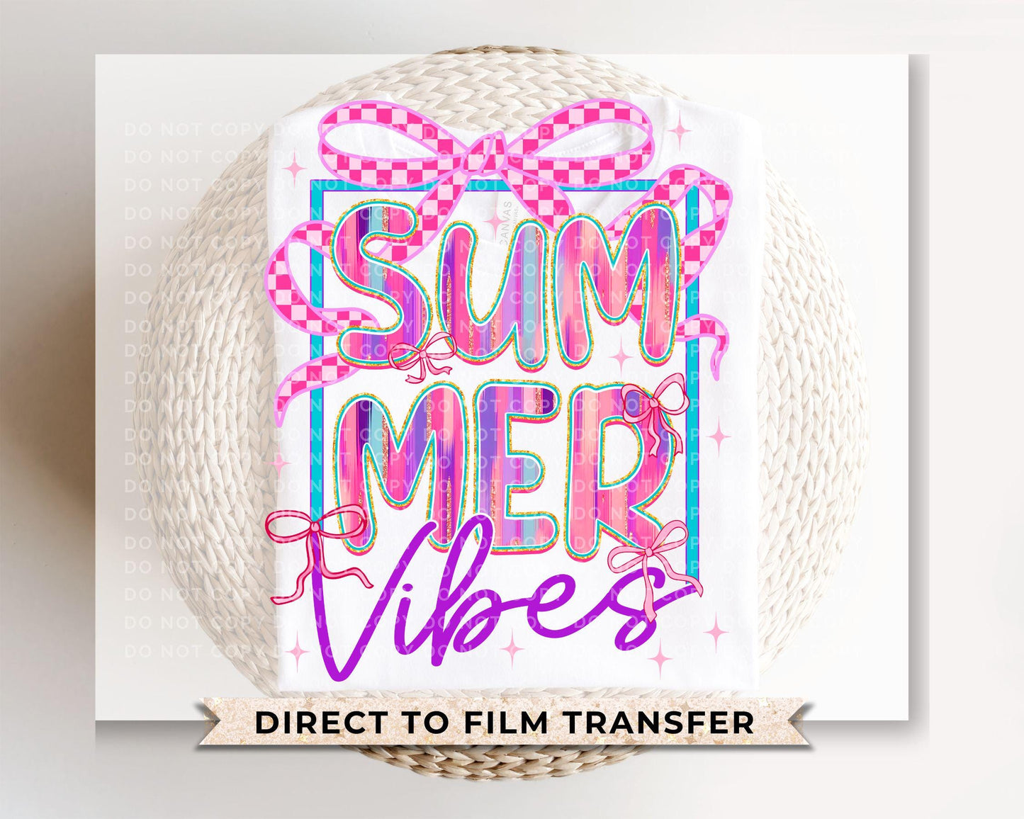 Summer Vibes DTF Transfer, Ready to Press, T-shirt Transfer, Heat Transfer, Direct to Film, Beach, Brushstroke, Coquette Bow Purple and Pink