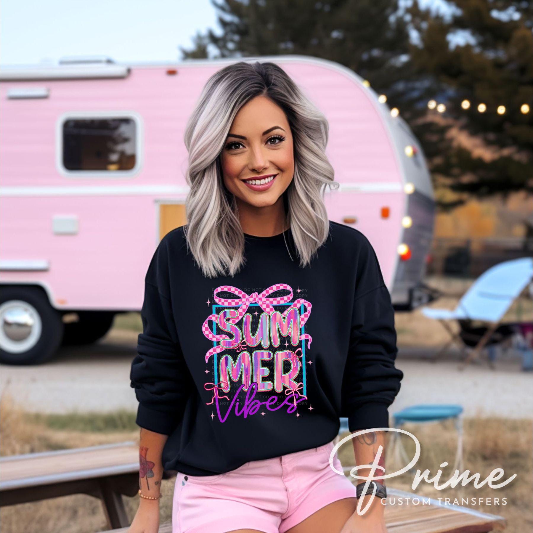 Summer Vibes DTF Transfer, Ready to Press, T-shirt Transfer, Heat Transfer, Direct to Film, Beach, Brushstroke, Coquette Bow Purple and Pink