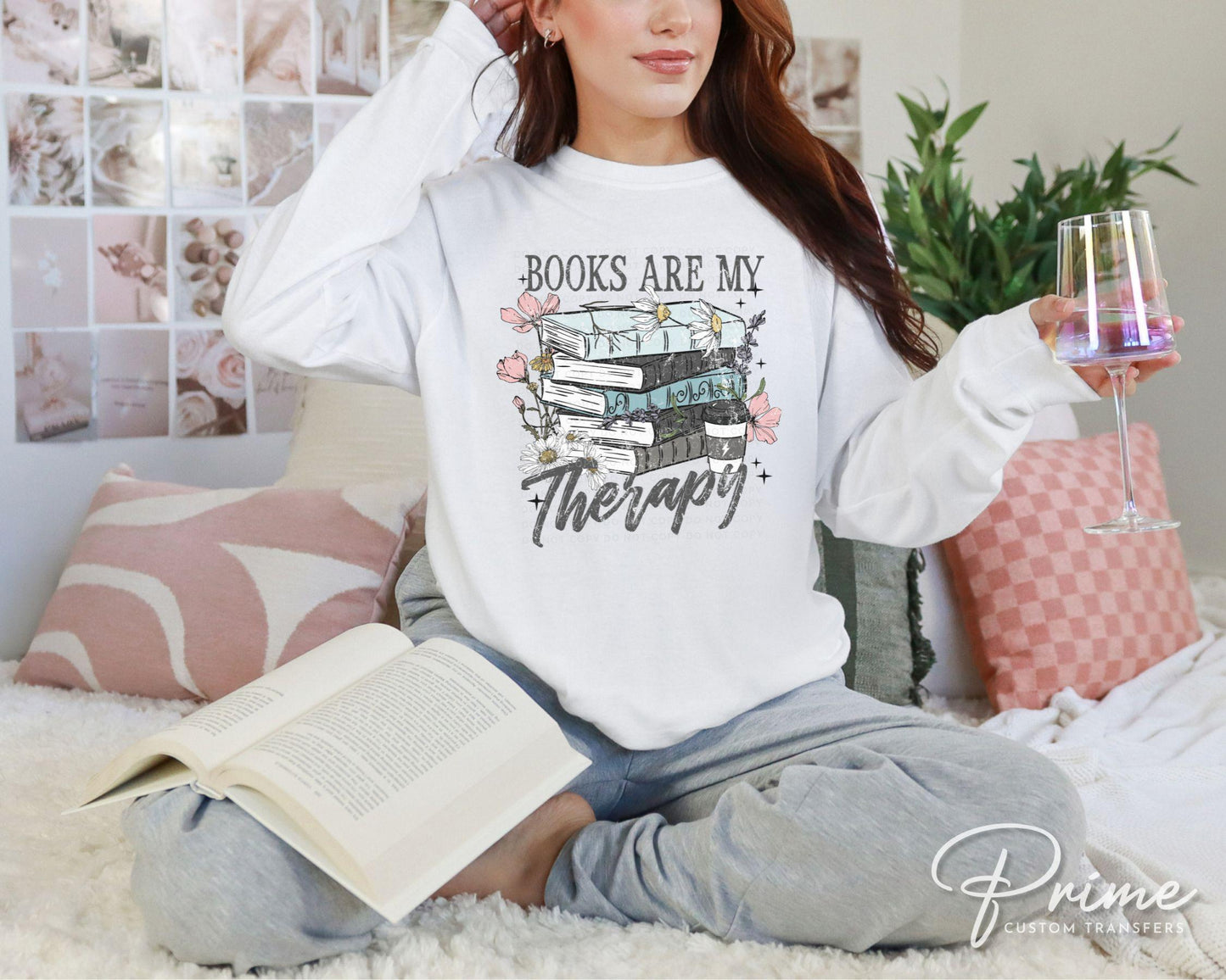 Books are My Therapy DTF Transfers, Ready to Press, T-shirt Transfers, Heat Transfer, Direct to Film, Book Lover, Flower, Floral Book Stack