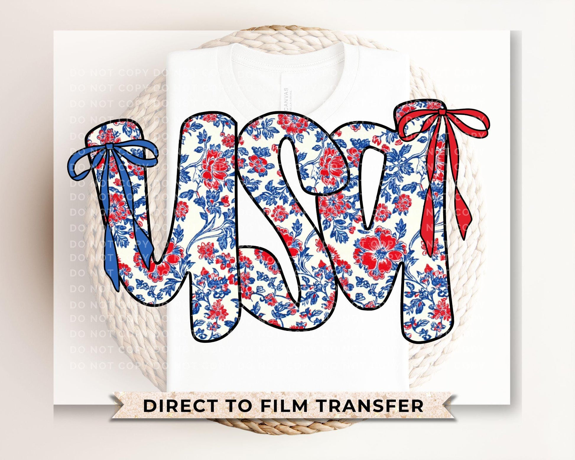 Coquette 4th of July DTF Transfers, Ready to Press, T-shirt Transfers, Heat Transfer, Direct to Film, USA, Ribbon, USA Floral Coquette Bow